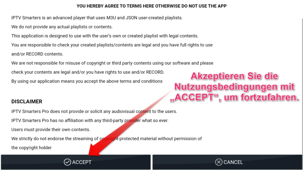 Nutzungsbedingungen von IPTV Smarters Pro mit ACCEPT bestätigen
