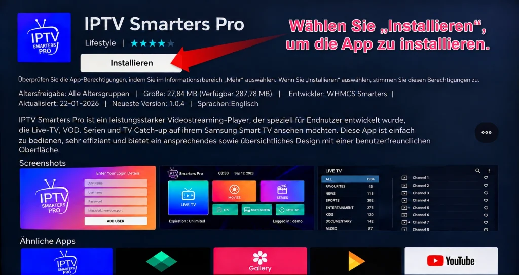 Schaltfläche Installieren für IPTV Smarters Pro auf Samsung TV