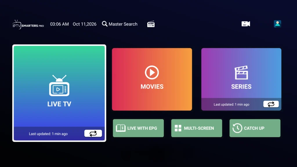 IPTV Smarters Pro Startbildschirm mit Live TV Movies und Series