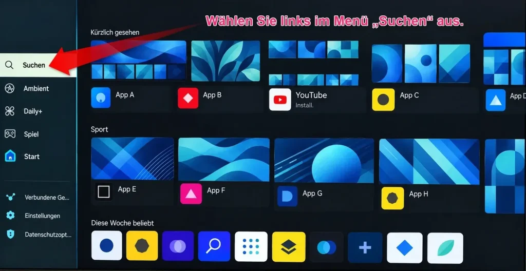 Samsung Smart Hub mit markiertem Menüpunkt Suchen