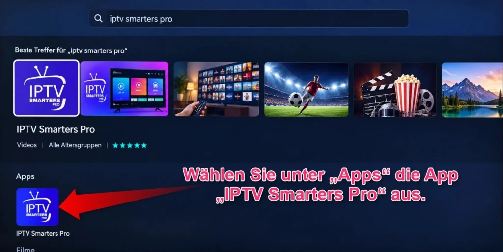 IPTV Smarters Pro in den Samsung App-Suchergebnissen auswählen