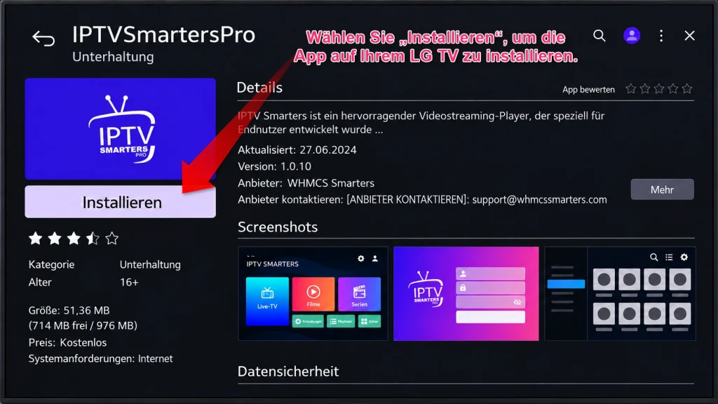 Schaltfläche Installieren für IPTV Smarters Pro auf LG Smart TV