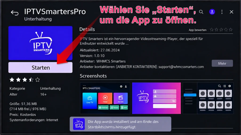 IPTVSmartersPro nach der Installation mit Starten öffnen
