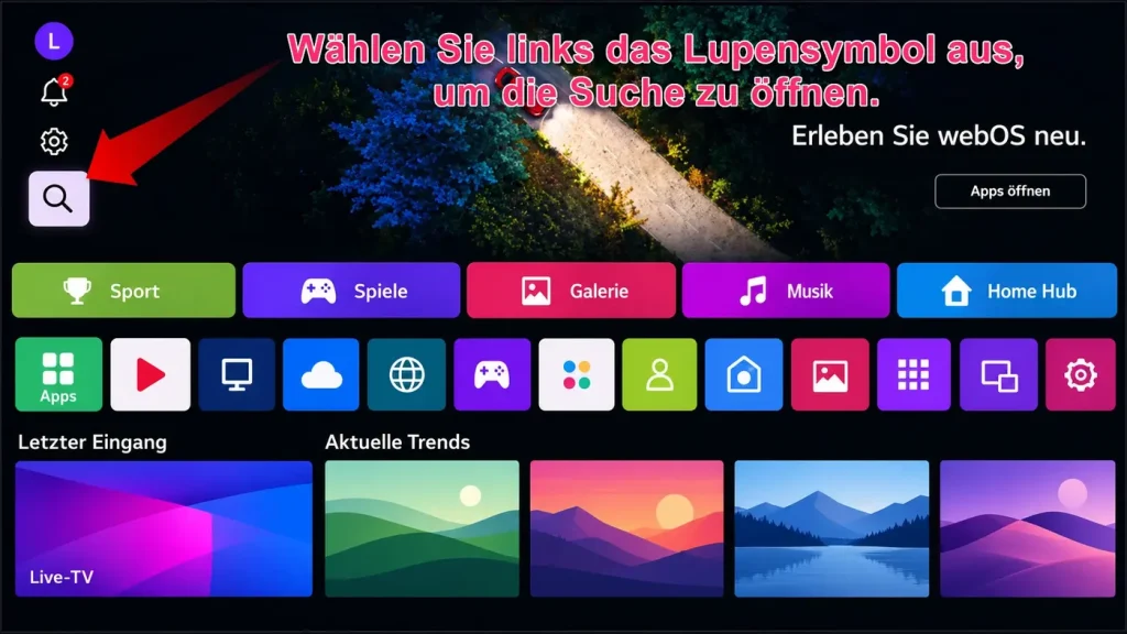 IPTV Smarters Pro LG TV: Suchsymbol auf LG webOS zum Installieren öffnen